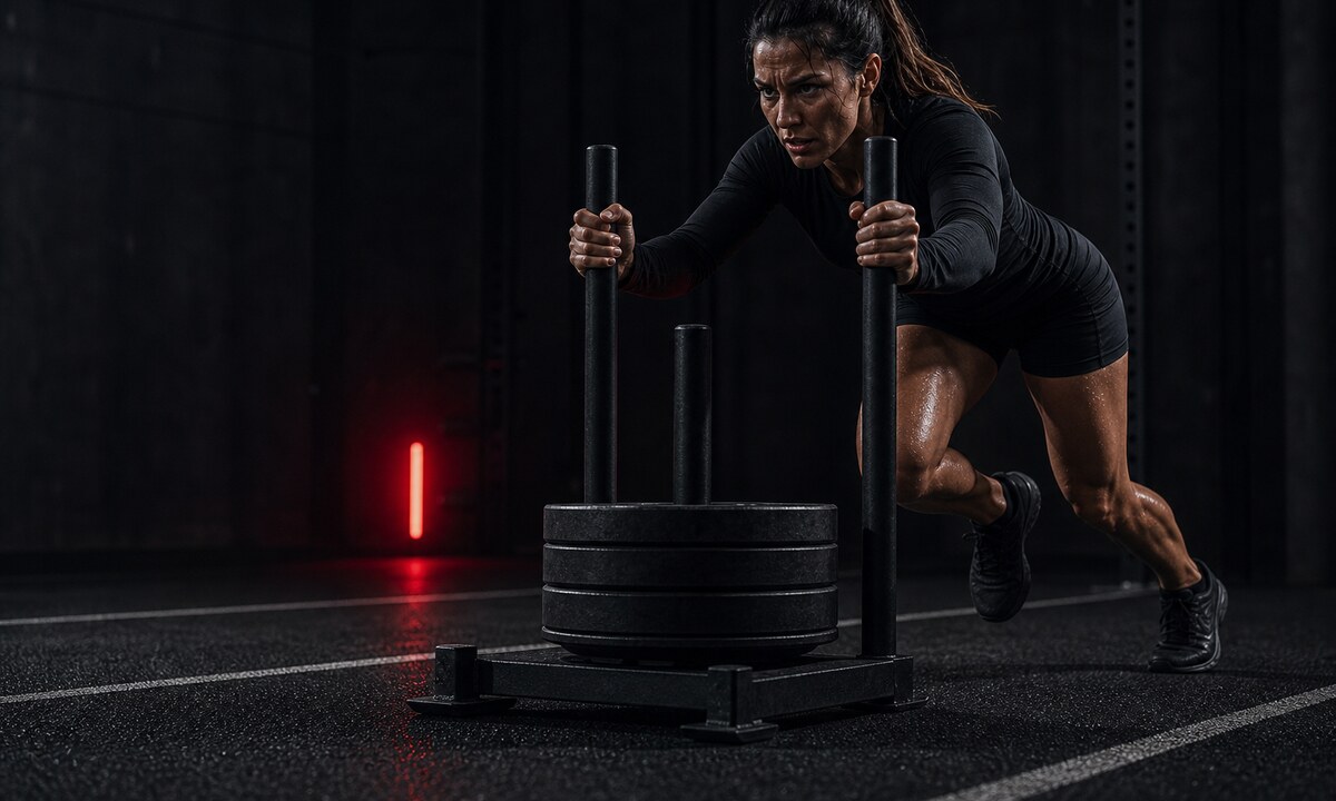 Athlete pushing a weighted sled in a dark training gym