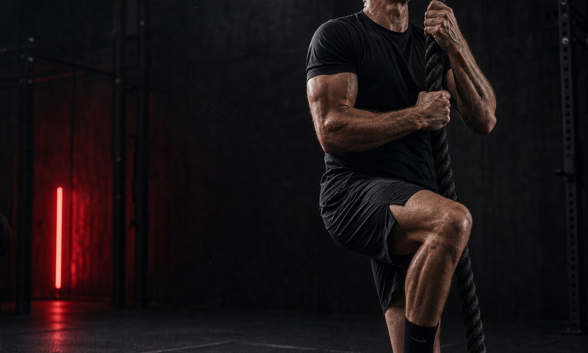 Mature athlete climbing a rope in a strength gym