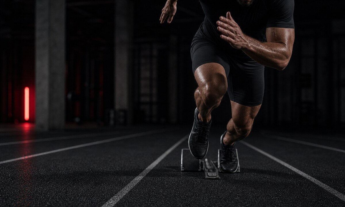Sprinter driving out of starting blocks on an indoor track