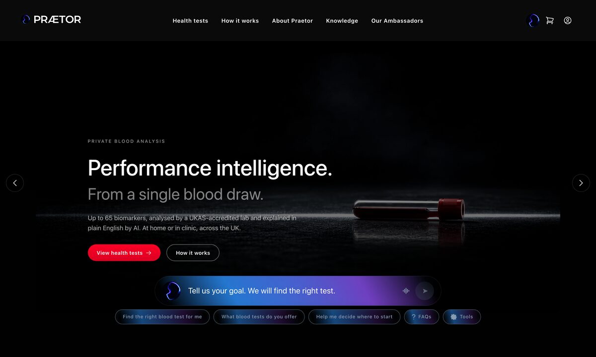 Praetor on the PRAETOR Health home page, ready to take a question.