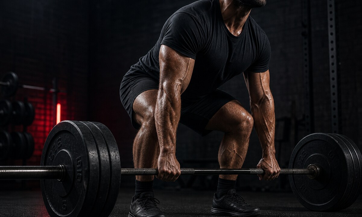 Athlete preparing to deadlift a loaded barbell
