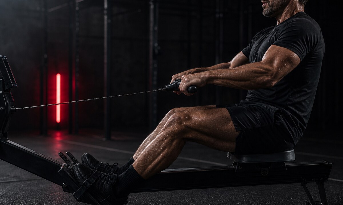 Athlete training on a rowing machine in a dark gym