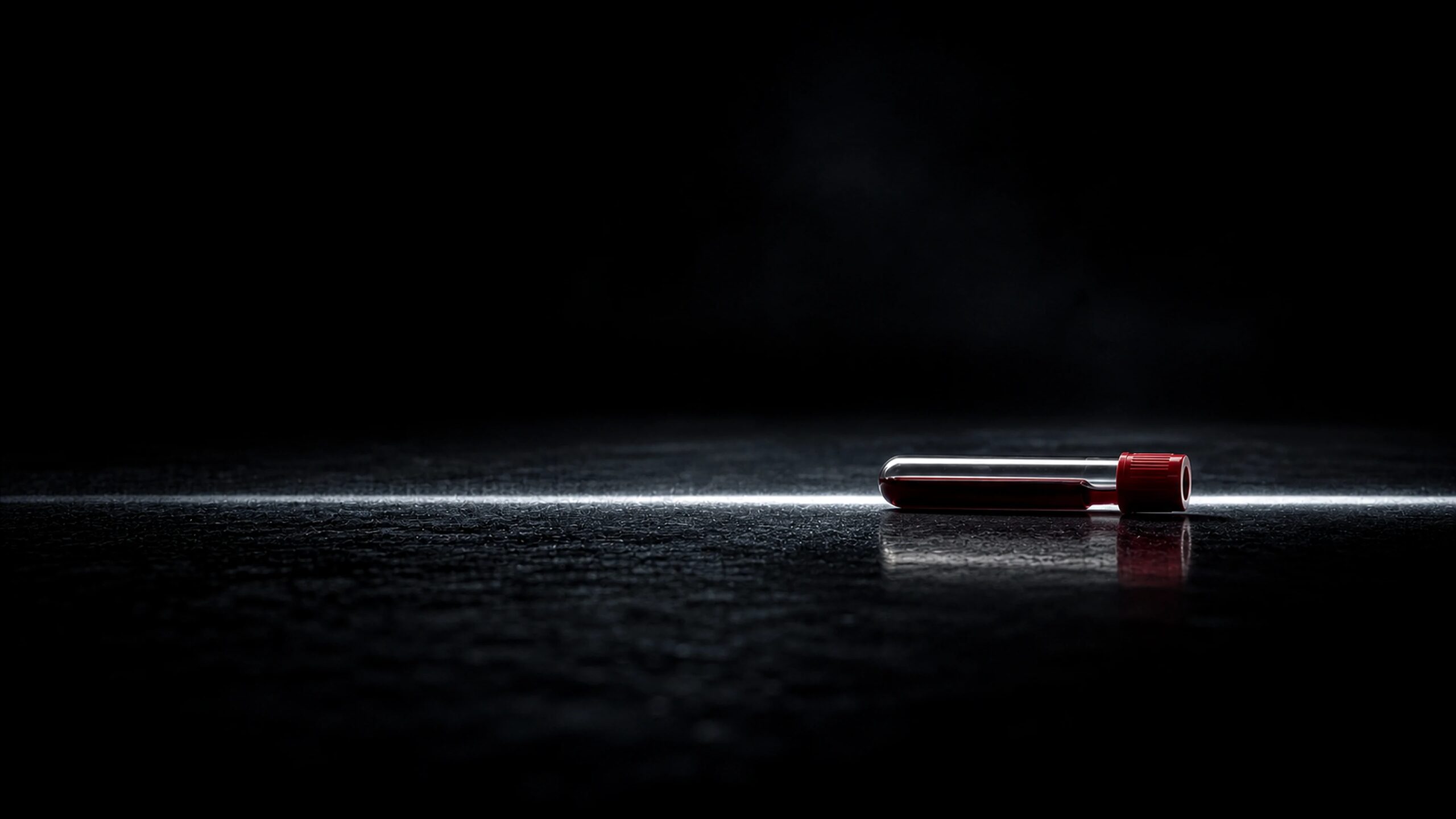Blood sample tube lit on a dark surface